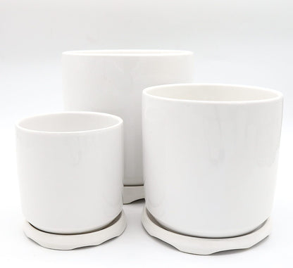 Indoor White Ceramic Pot with attached Saucer