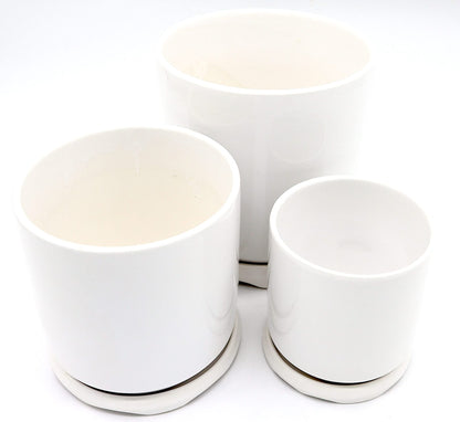 Indoor White Ceramic Pot with attached Saucer